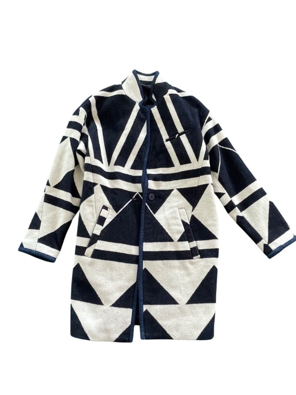 Zara Women’s Geometric Print Wool-Blend Coat With Stand Collar & Pockets Black &